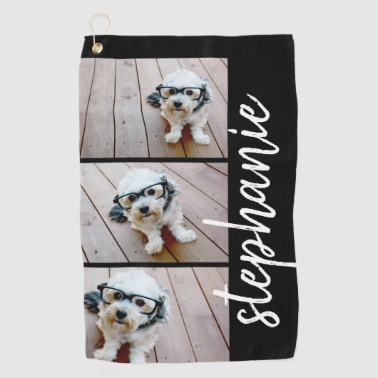 Trendy 3 Fotos schwarz - weißer, moderner Script-N Golfhandtuch (Vorderseite)