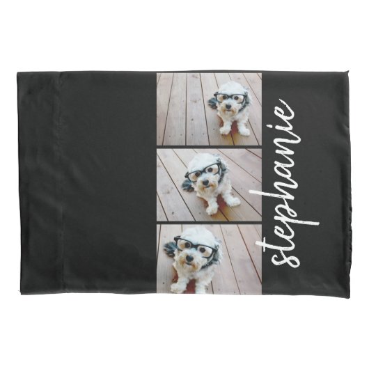 Trendy 3 Fotos Schwarz-weißer moderner Skriptname Kissenbezug (Vorderseite)