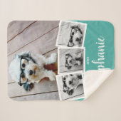 Trendy 4 Foto Collage Script Name Weiß Aquamarin Sherpadecke (Vorderseite (Horizontal))