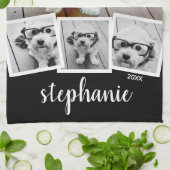 Trendy 4 Foto Collage Script Name White Black Geschirrtuch (Gefaltet)