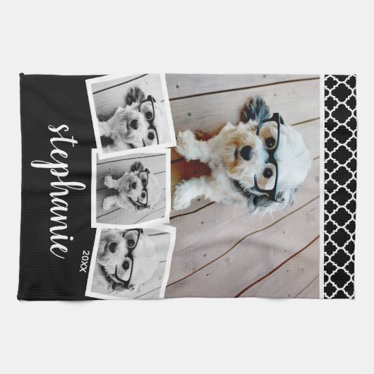 Trendy 4 Foto Collage Script Name White Black Geschirrtuch (Horizontal)