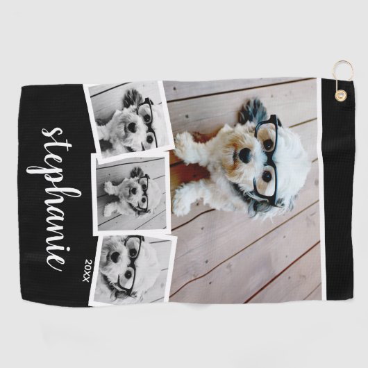 Trendy 4 Foto Collage Script Name White Black Golfhandtuch (Horizontal)