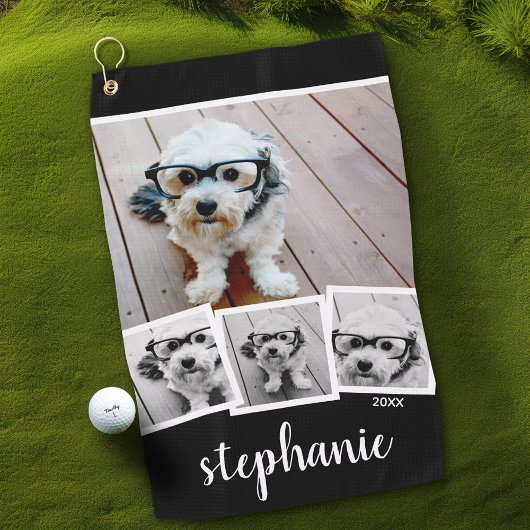 Trendy 4 Foto Collage Script Name White Black Golfhandtuch