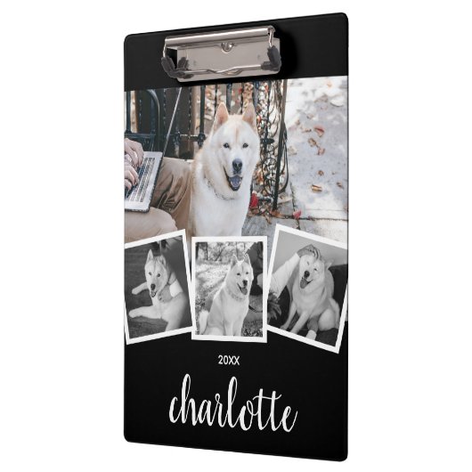 Trendy 4 Foto Collage Script Name White Black Klemmbrett (Links)