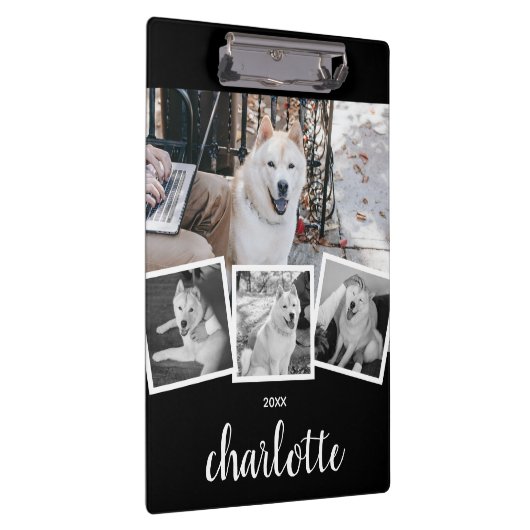 Trendy 4 Foto Collage Script Name White Black Klemmbrett (Rechts)