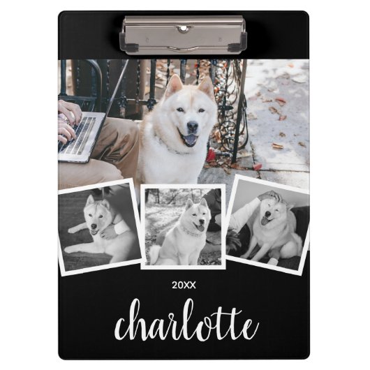 Trendy 4 Foto Collage Script Name White Black Klemmbrett (Vorderseite)