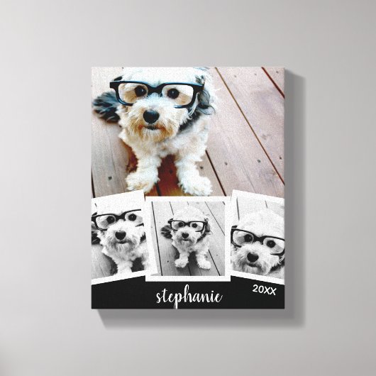 Trendy 4 Foto Collage Script Name White Black Leinwanddruck (Vorderseite)