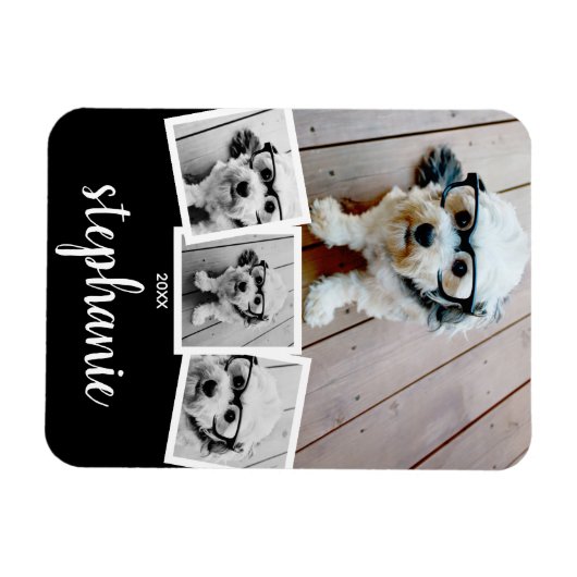 Trendy 4 Foto Collage Script Name White Black Magnet (Horizontal)