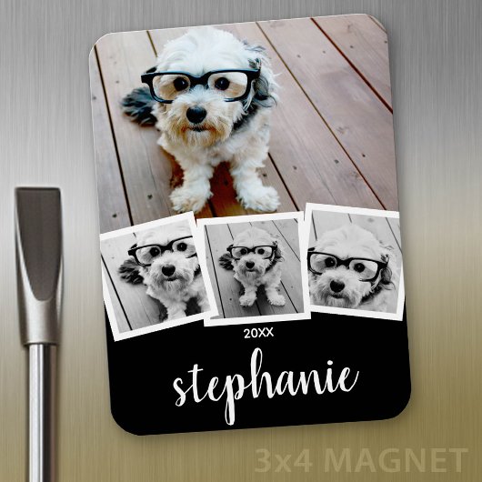 Trendy 4 Foto Collage Script Name White Black Magnet