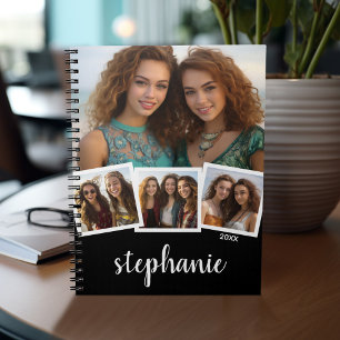 Trendy 4 Foto Collage Script Name White Black Notizblock