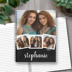 Trendy 4 Foto Collage Script Name White Black Notizblock