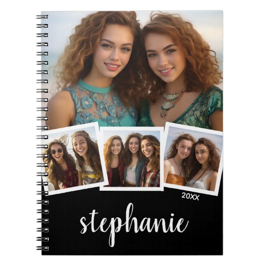 Trendy 4 Foto Collage Script Name White Black Notizblock (Vorderseite)