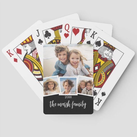 Trendy 4 Foto Collage Script Name White Black Spielkarten (Rückseite)