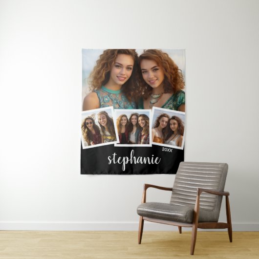 Trendy 4 Foto Collage Script Name White Black Wandteppich (Beispiel)