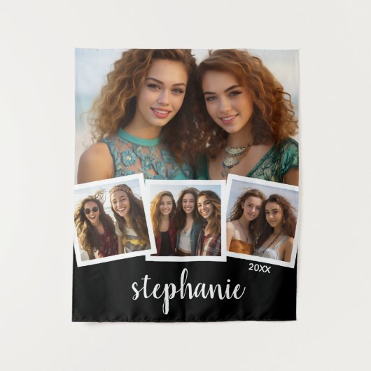 Trendy 4 Foto Collage Script Name White Black Wandteppich (Vorderseite)