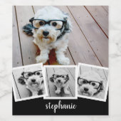 Trendy 4 Foto Collage Script Name White Black Weinetikett (Einzelnes Label)
