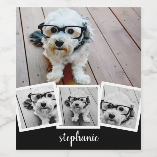 Trendy 4 Foto Collage Script Name White Black Weinetikett (Einzelnes Label)