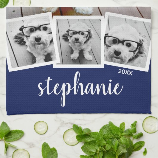 Trendy 4 Foto Collage Script Name White Blue Geschirrtuch (Gefaltet)