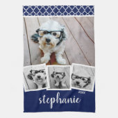 Trendy 4 Foto Collage Script Name White Blue Geschirrtuch (Vertikal)