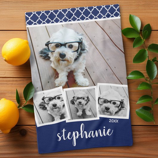 Trendy 4 Foto Collage Script Name White Blue Geschirrtuch