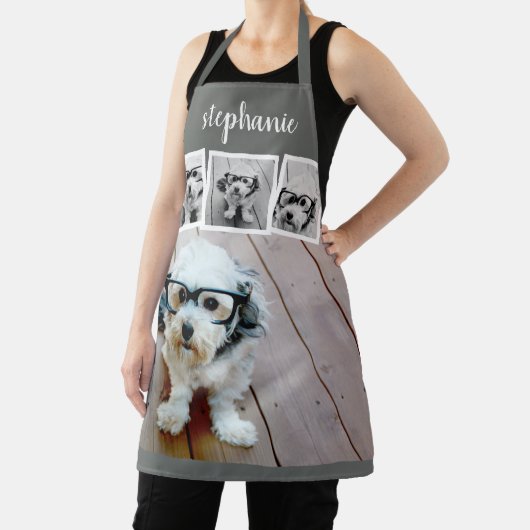 Trendy 4 Foto Collage Script Name White Gray Schürze (InSitu)