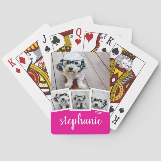 Trendy 4 Foto Collage Script Name White Pink Spielkarten (Rückseite)