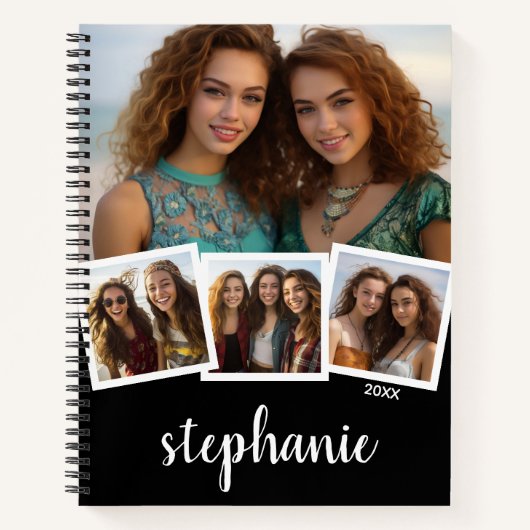 Trendy 4 Photo Collage Script Name White Black Notizblock (Vorderseite)