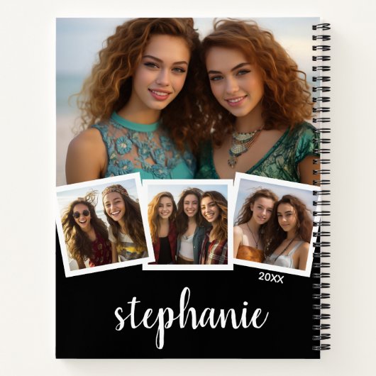 Trendy 4 Photo Collage Script Name White Black Notizblock (Rückseite)