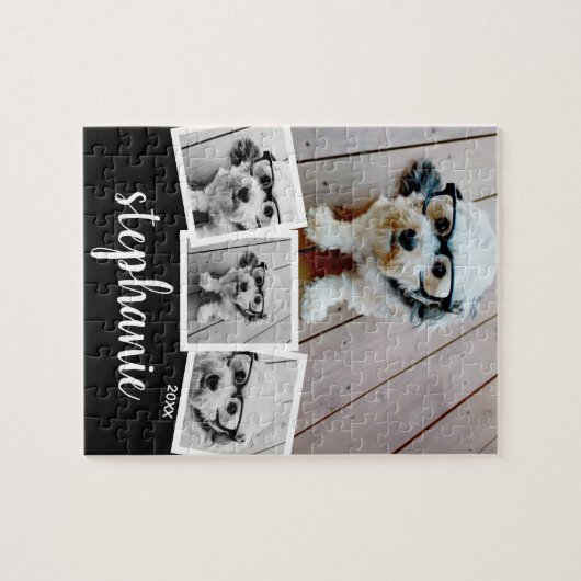 Trendy 4 Photo Collage Script Name White Black Puzzle (Horizontal)