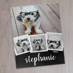 Trendy 4 Photo Collage Script Name White Black Puzzle<br><div class="desc">You can use square or selfie photos for this design. Use four square photos to create a unique and personal gift. Or you can keep the hipster puppy and make a trendy keepsake. If you need to adjust the pictures,  click on the customize tool to make changes.</div>