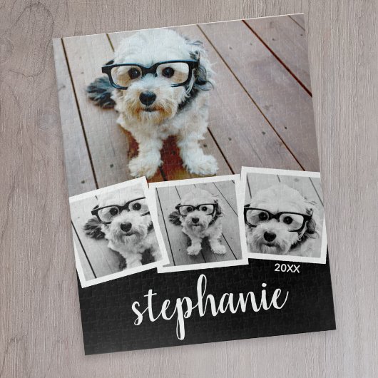 Trendy 4 Photo Collage Script Name White Black Puzzle