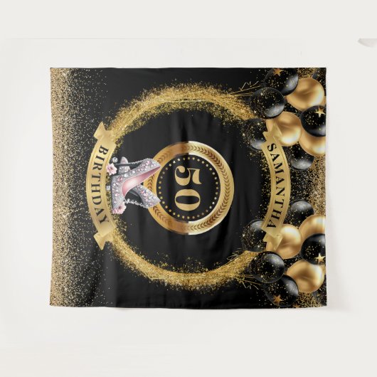 Trendy 50 Birthday Banner Sparkle Silver High Heel Wandteppich (Vorderseite (Horizontal))