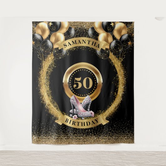 Trendy 50 Birthday Banner Sparkle Silver High Heel Wandteppich (Vorderseite)