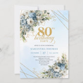 Trendy 80th Birthday Invitation Blue White Florals Einladung (Vorderseite)