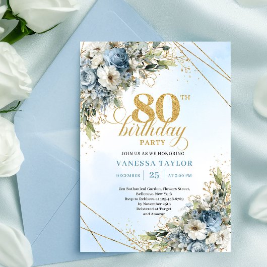 Trendy 80th Birthday Invitation Blue White Florals Einladung