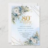 Trendy 80th Birthday Invitation Blue White Florals Einladung (Vorderseite)