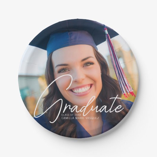 Trendy Abschluss Foto Weißes Skript-Party Pappteller (Vorderseite)