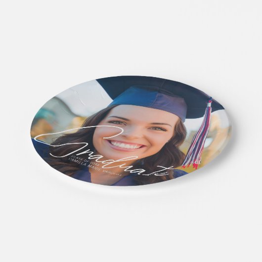 Trendy Abschluss Foto Weißes Skript-Party Pappteller (Schrägansicht)