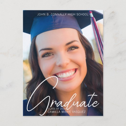 Trendy Abschluss Foto White Script Overlay Postkarte (Vorderseite)