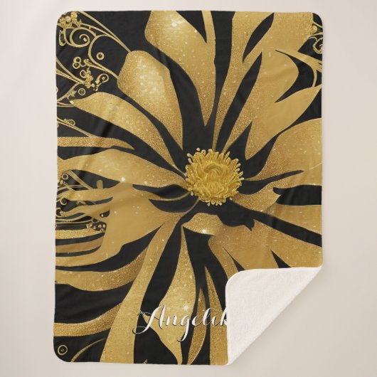 Trendy and Chic Floral Black and Gold Name Sherpadecke (Vorderseite)