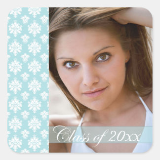 Trendy Aqua Blue Damask Foto Abschluss Aufkleber