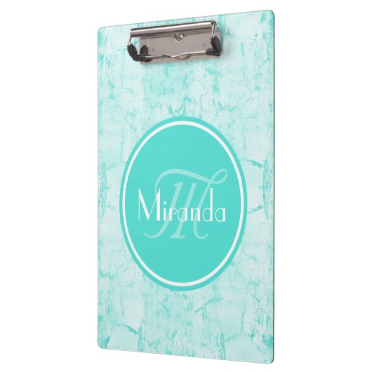 Trendy Aqua Mint Crackle Muster mit Monogramm Klemmbrett (Links)