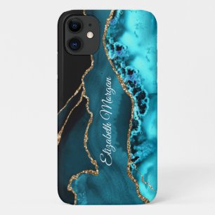 Trendy Aquamarin, Black and Gold Agate & DIY Name Case-Mate iPhone Hülle