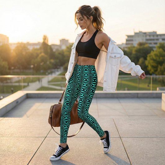 Trendy Aquamarin & Black Op Art Geometric Muster Leggings