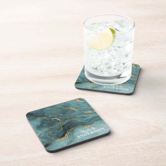 Trendy Aquamarin Blue Gold Agate Geode Marble Mono Getränkeuntersetzer (Rechte Seite)