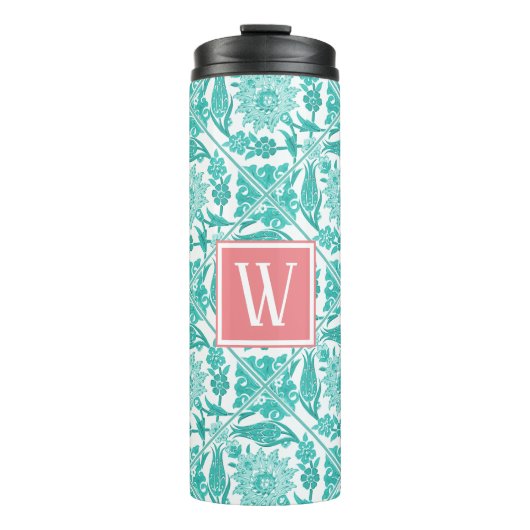 Trendy Aquamarin Floral Tiles & Pink | Monogramm Thermosbecher (Vorderseite)