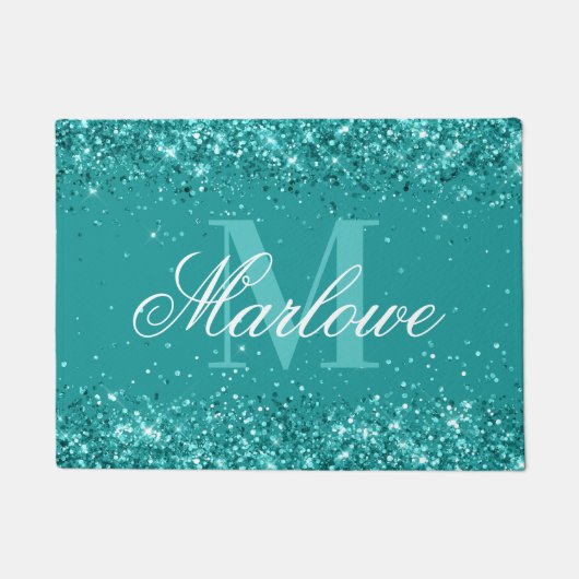 Trendy Aquamarin Glitzer Blue Green Monogram Fußmatte (Vorderseite)