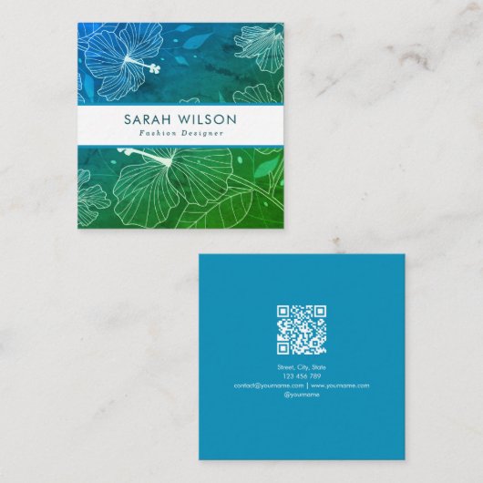Trendy Aquamarin Green White Hibiskus Blume QR Cod Quadratische Visitenkarte (Vorne/Hinten)