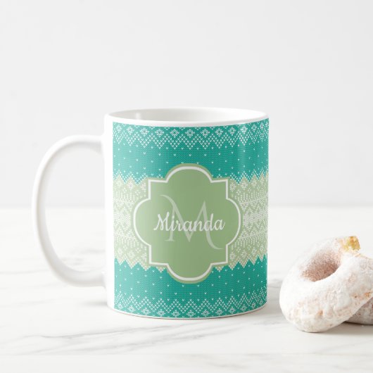 Trendy Aquamarin Neo Mint Green Strick Muster und  Kaffeetasse (Mit Donut)