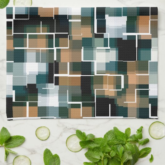 Trendy Aquamarin Orange Brown Schwarz-weiß Kariert Geschirrtuch (Gefaltet)